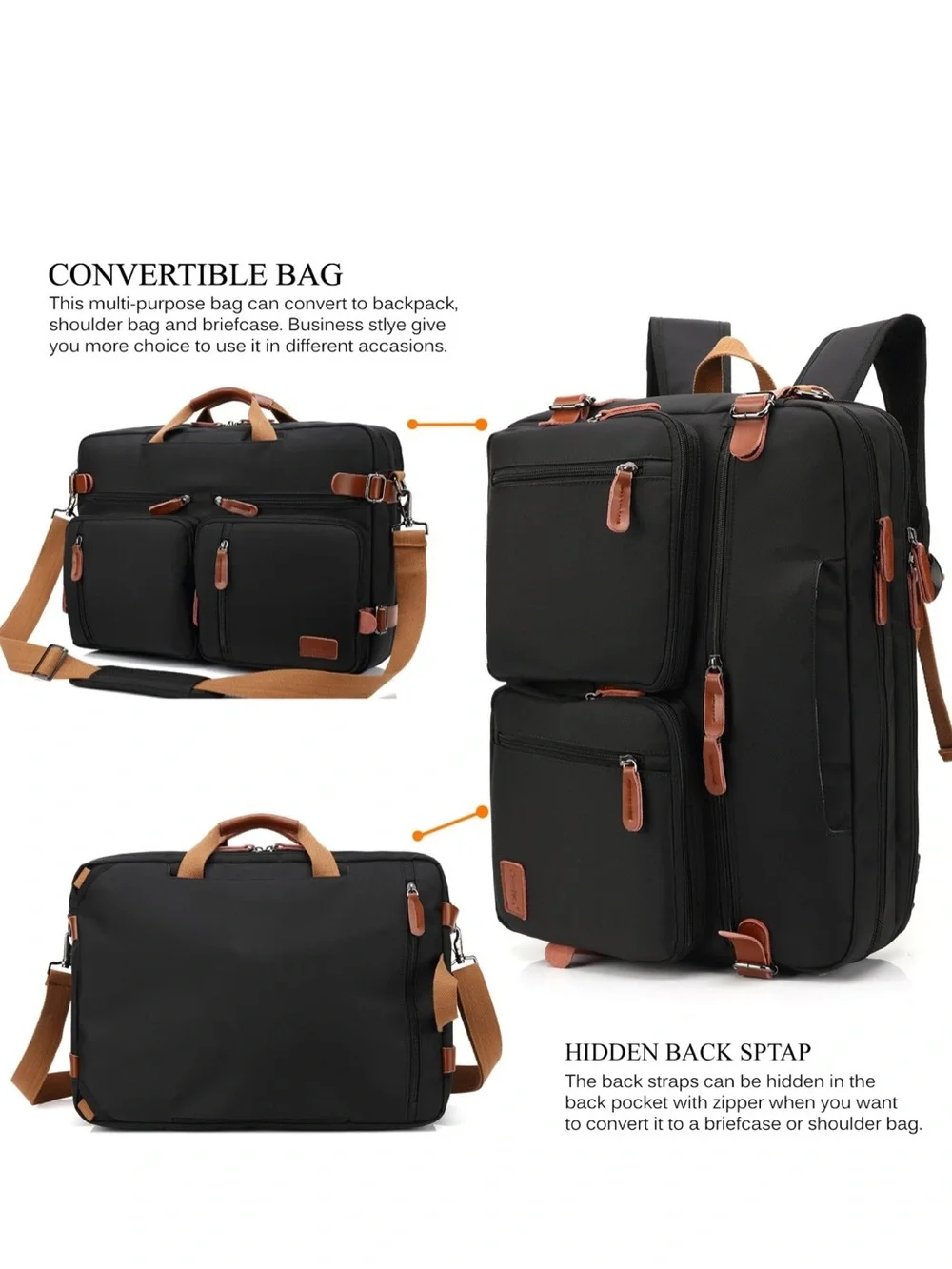 Convertible Black Briefcase Messenger Bag w/ Tan Accents hidden backpack straps